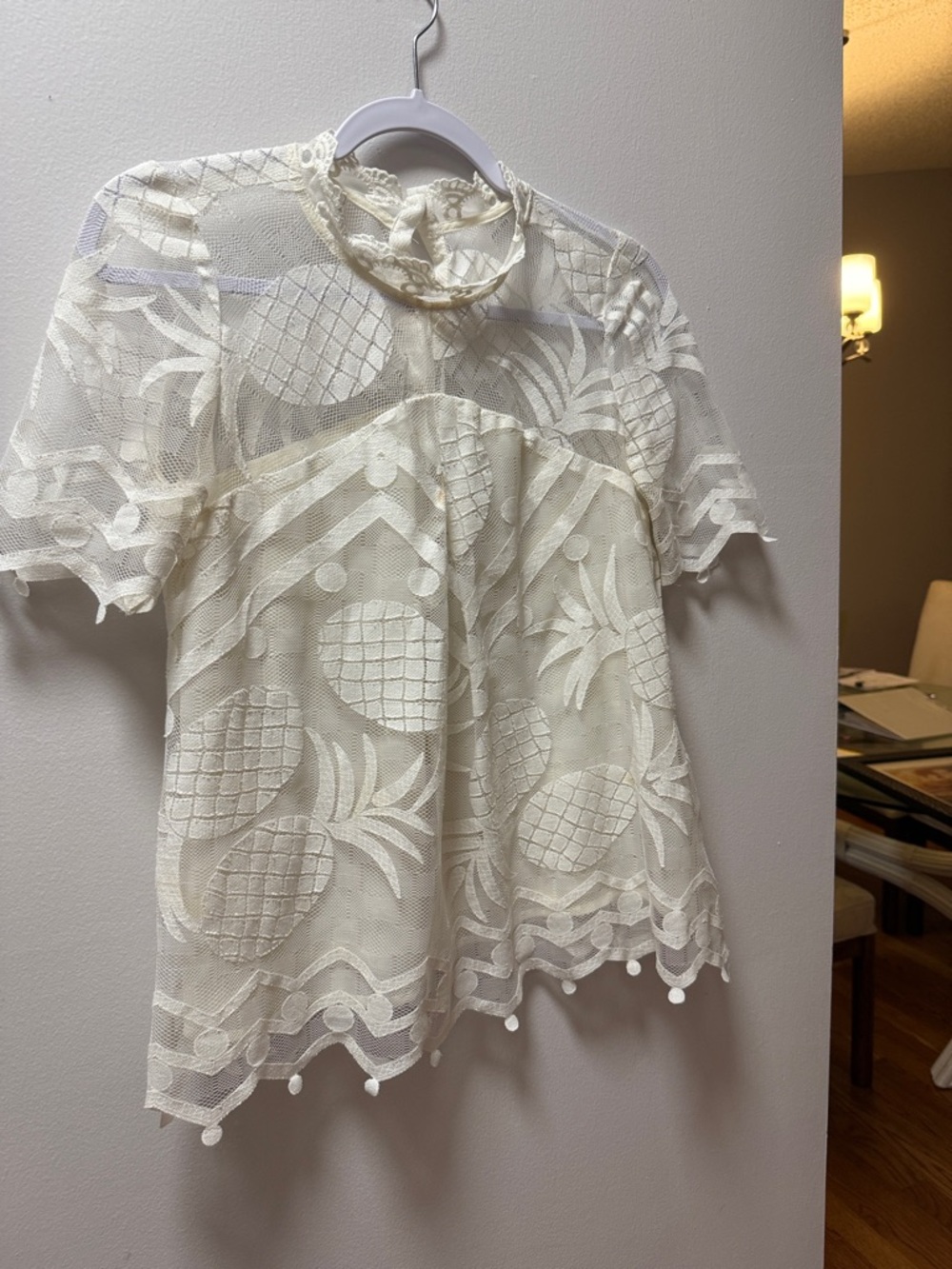 HD in Paris Ivory Lace Pineapple-Embroidered Short Sleeve Top